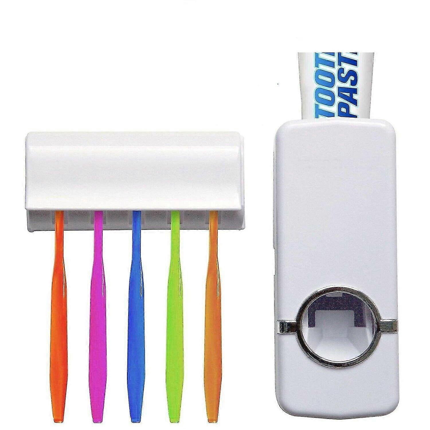 White Automatic Toothpaste Dispenser + 5 Toothbrush Holder Set Wall Mount Stand