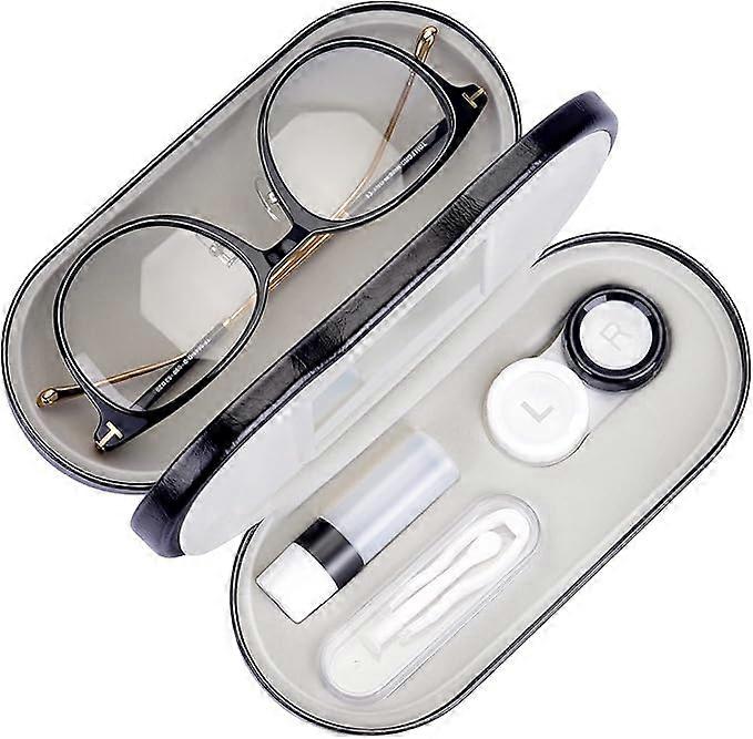 2 in 1 Double Sided Portable Contact Lens Case and Glasses Case, Dual Use Design, Built-in Mirror, Tweezers and Contact Lens Solution Bottle, Suitabl
