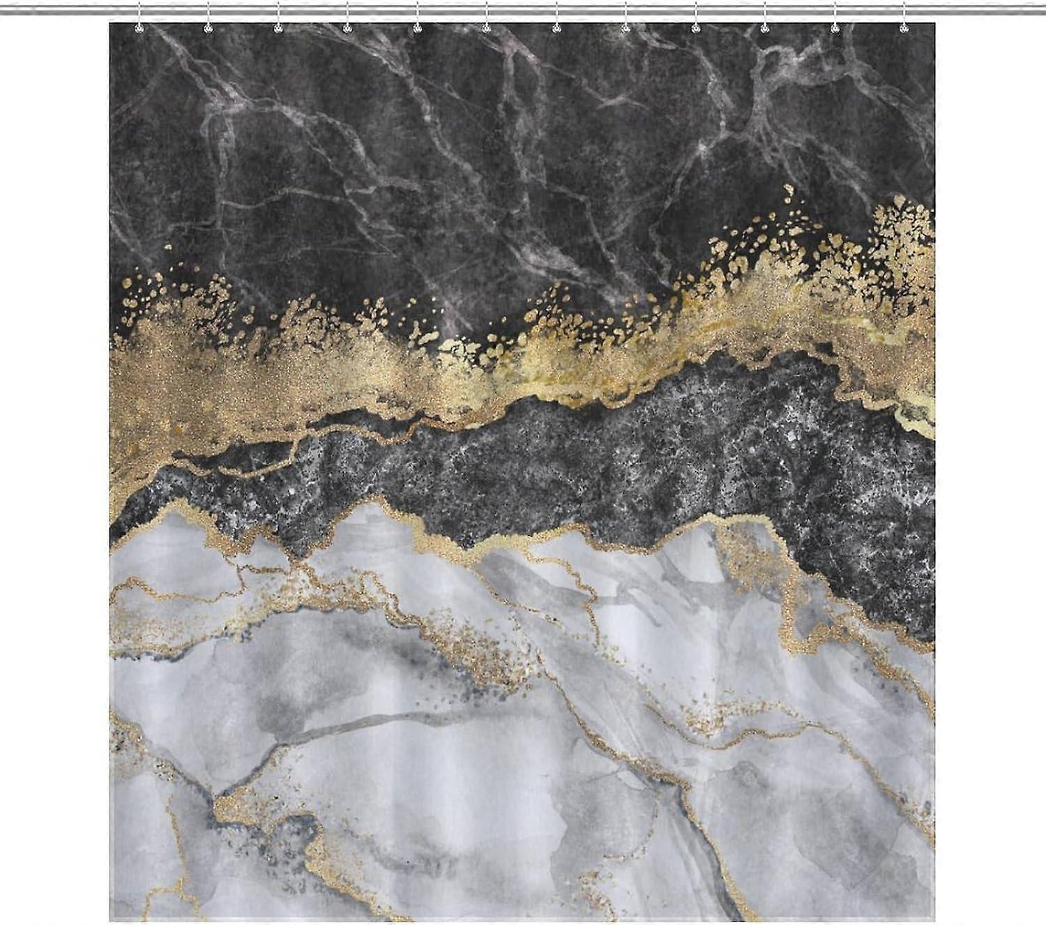 Marble Shower Curtains for Bathroom, Black White Silver Golden Crack Texture Abstract Crystal Print Decor Bath Drapes Set with Hooks, Waterproof Fabri
