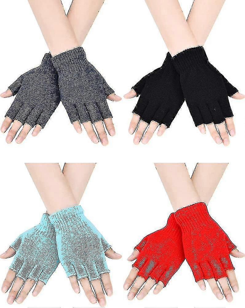 4 Pairs Fingerless Gloves Half Finger Mittens Winter Solid Color Knitted Typing  Gift