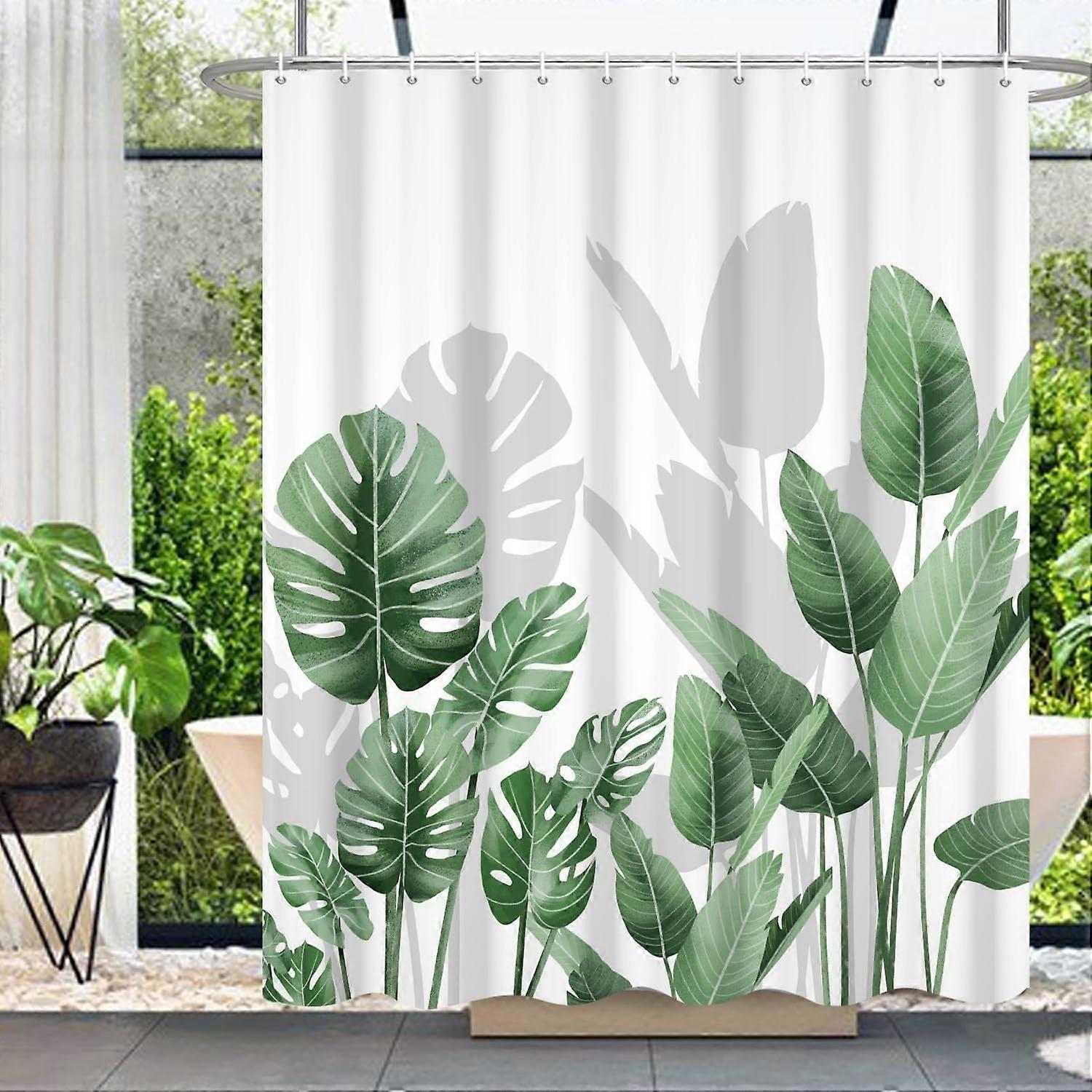 Green Plants Shower Curtains Palm Banana Leaves Tropical Nature Botanical Waterproof Washable Fabric Modern Bathroom Decor Shower Curtain with Hooks,