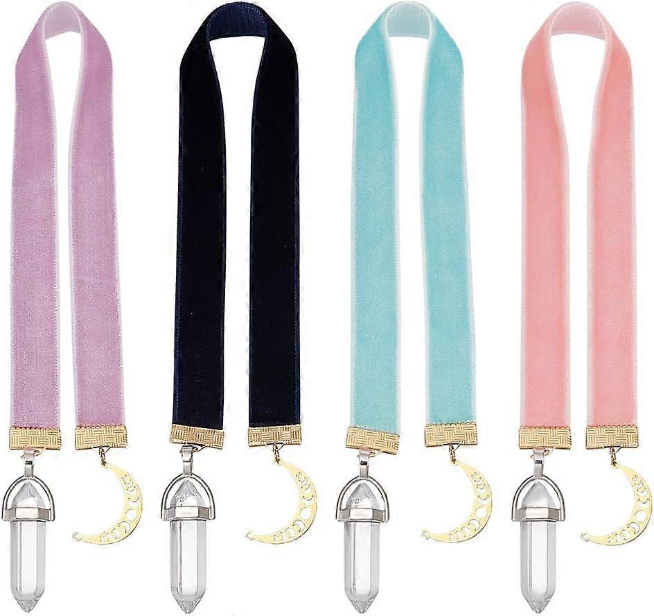 4Pcs Velvet Ribbon Bookmarks with Glass Pointed Bullet Charm Metal Charm Bookmark with Moon Phase Pendant Pattern Velvet Bookmarks for Office Readers