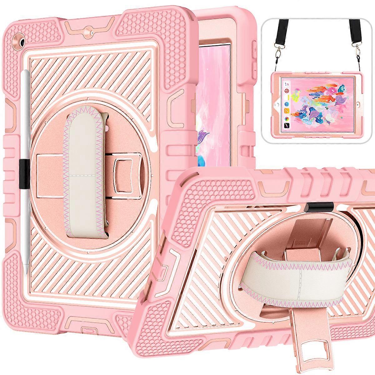 Ipad case for Ipad 10.2 (2019/2020), shockproof lightweight floor stand with shoulder strap swivel stand tablet case (pink)