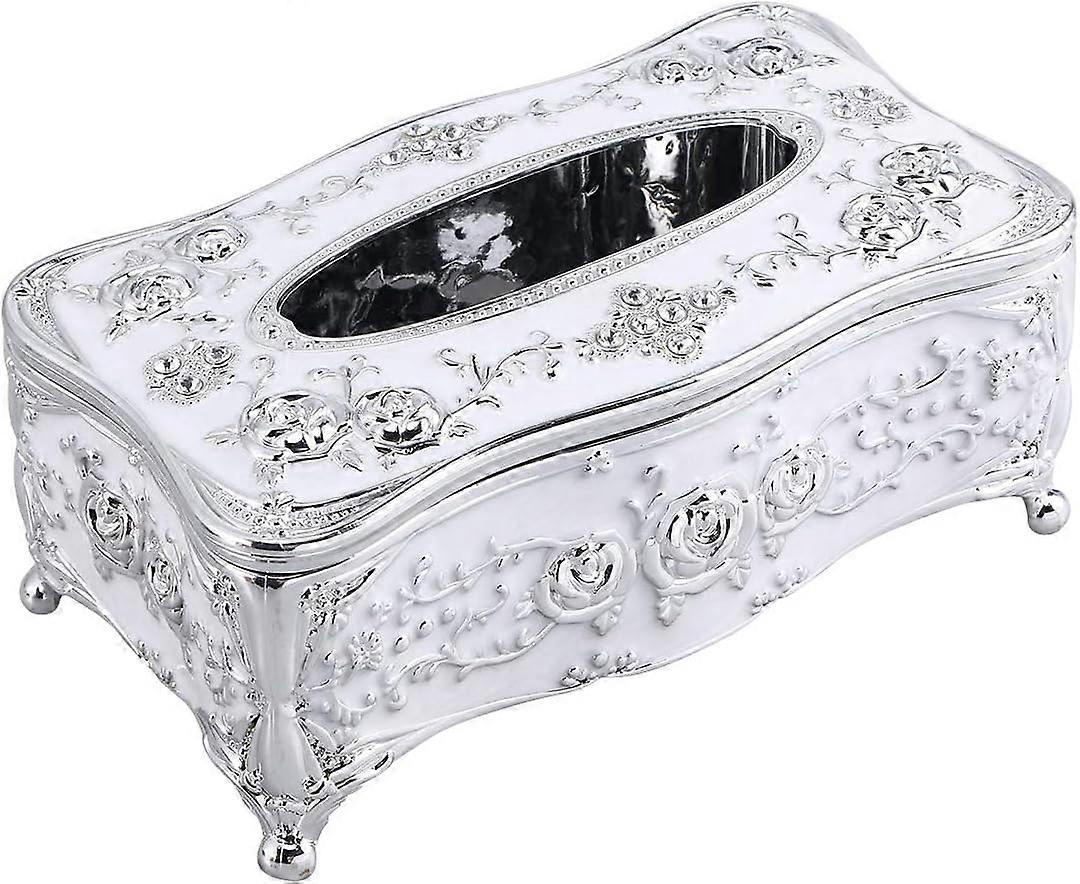 Tissue Box Square Plastic with Pointed Edge Flower Pattern Facial Tissue Box Tissue Dispenser (Silver)