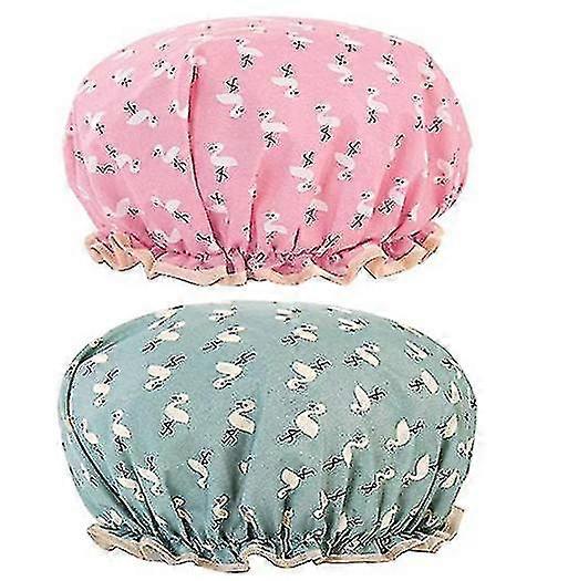 Shower Caps 2 Pack Waterproof Double Cap Elastic, Flamingo