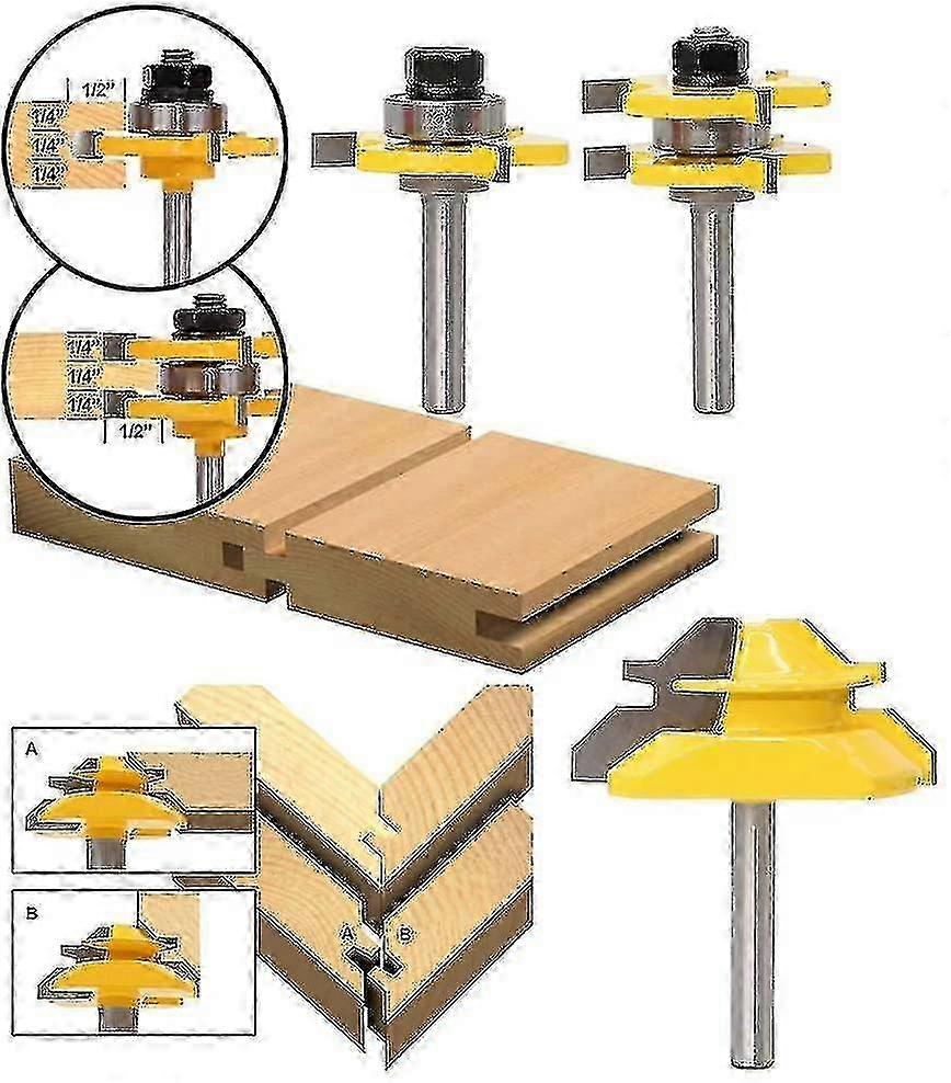 45 Degree Lock Miter Router Bit + Tongue Drill Bit + Groove Cutter 8mm Handle - JA