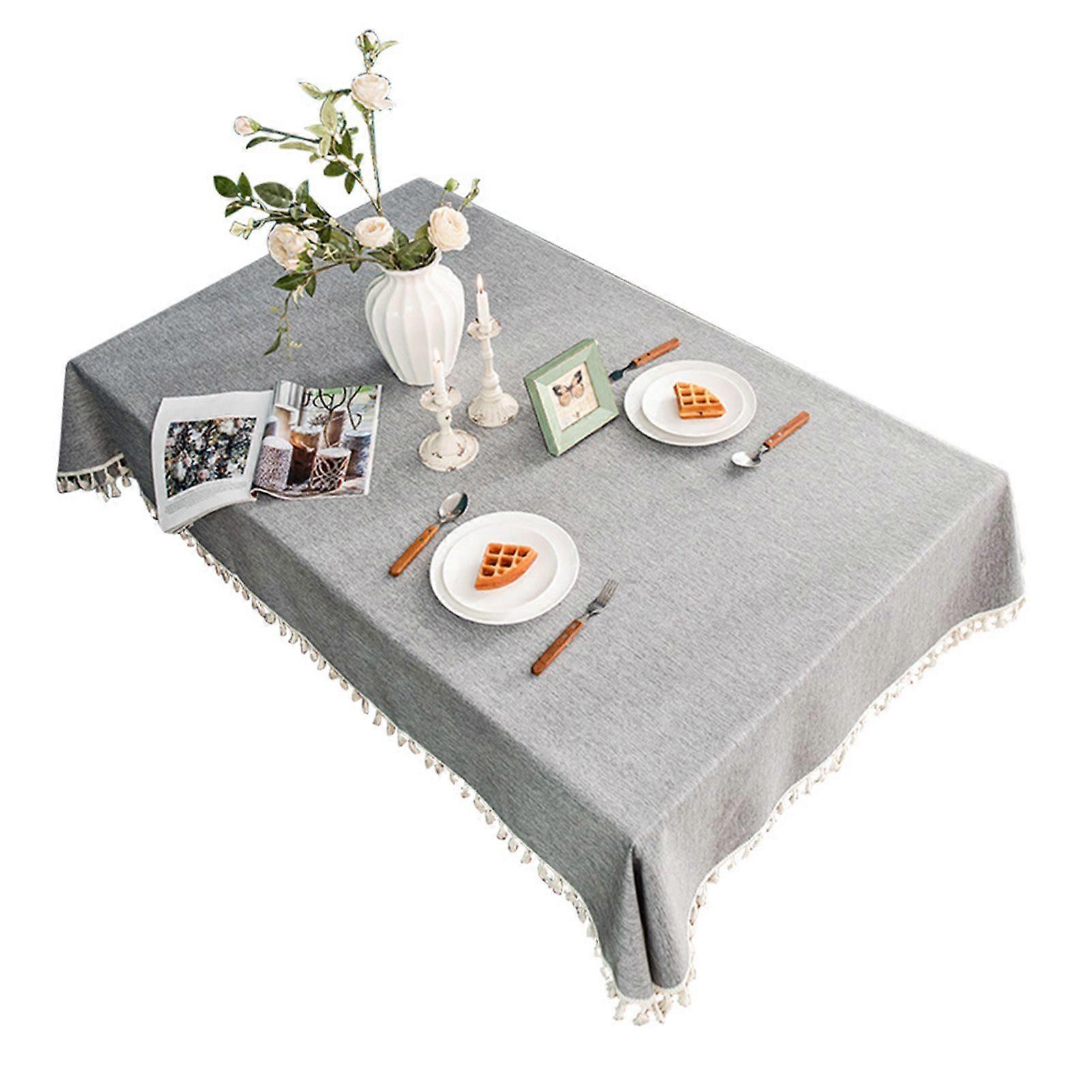 Tassel Tablecloth Waterproof Oilproof Cotton Linen Decorative Dining Table Cloth Rectangular Gray