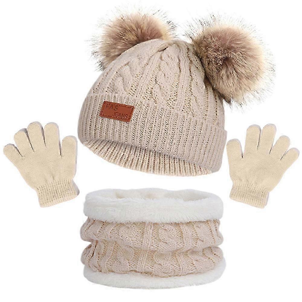 3 Adet Bebek Çocuk Kış Sıcak Ponpon Örme Bere Şapka + Polar Astarlı Boyun Isıtıcı Eşarp + Eldiven Seti 1-5 Yıl