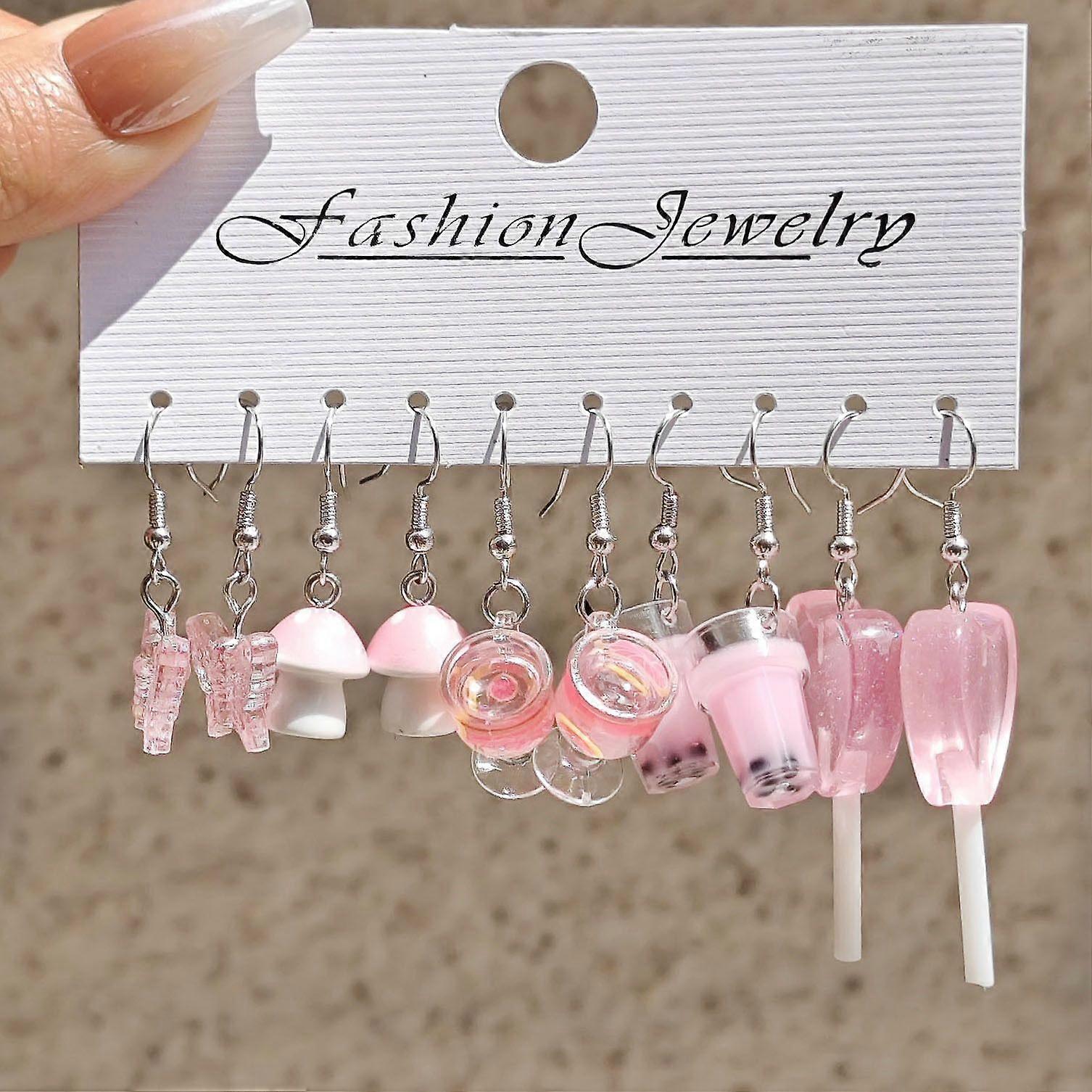 European and American Cartoon Fashion Resin Dangle Earrings Set Pink with Simulation Food Milk Tea Mushroom Candy