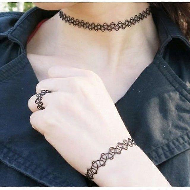 3ピーススケルトンタトゥー編組フィッシュラインネックレスストレッチフィンガーリングカラーブレスレットリングジュエリーセット