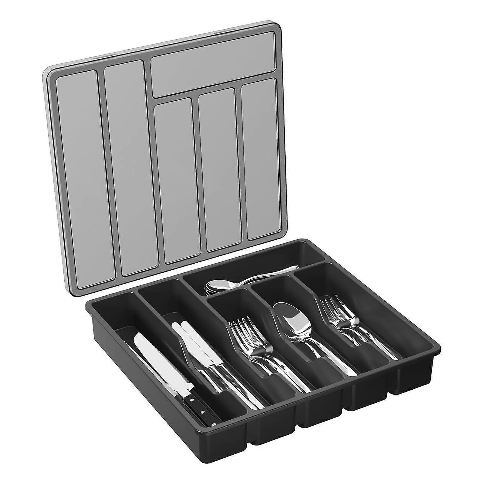 Covered Silverware Organizer for Kitchen Drawer with 6 Compartments