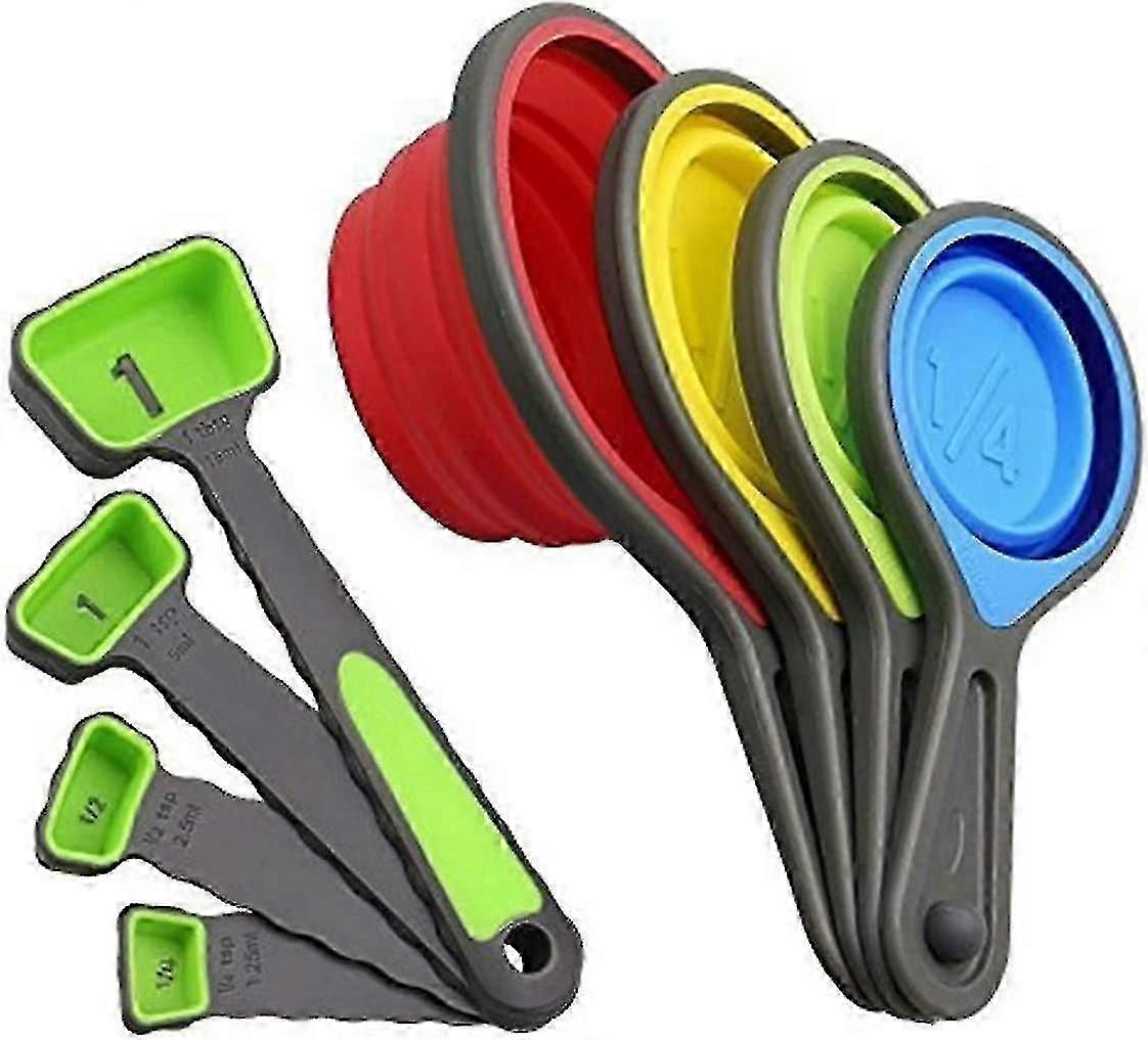 أكواب قياس سيليكون قابلة للطي وملاعق قياس - مجموعة كوب قياس سيليكون 8psc وملعقة قابلة للطي - رائع للتخييم وأغذية الحيوانات الأليفة (أخضر)