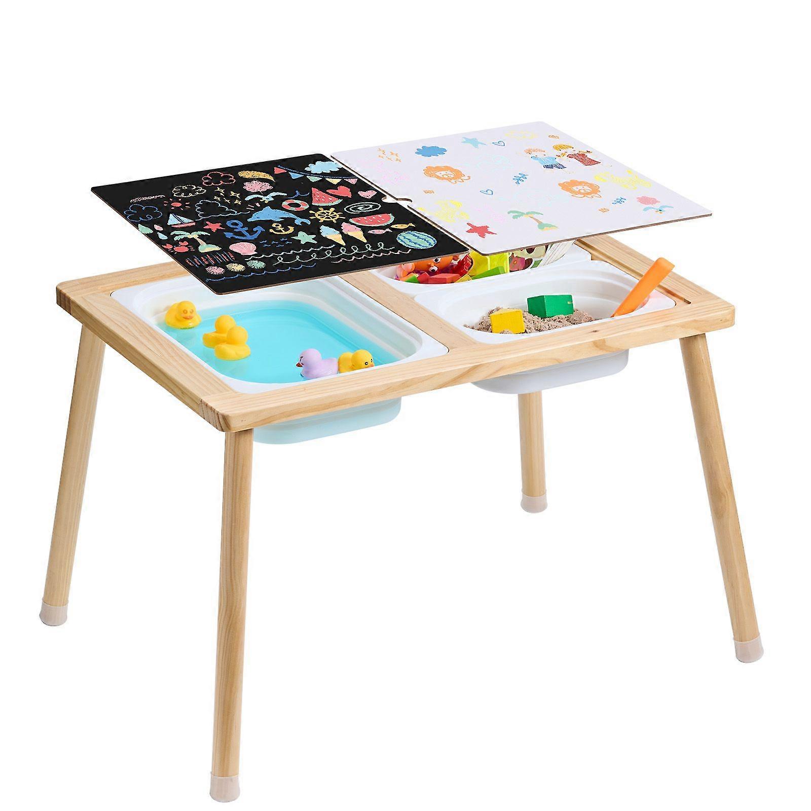 Table sensorielle pour les tout-petits, table d’activités pour enfants avec 3 bacs de rangement pliables et planche double face, table de jeu intérieure/extérieure de sable et d’eau