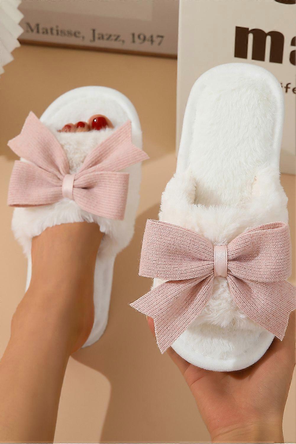 Women's White Bow Knot Decor Open Toe Plush Slippers