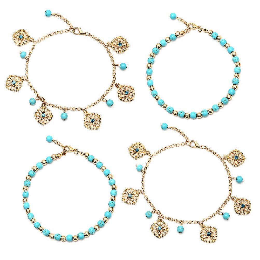 Boho Foot Chaînes Élégant Vintage Chevilles Style Ethnique Creux Deux Couches Alliage Taille Ajustable Pour La Plage Femmes Filles 4Pcs