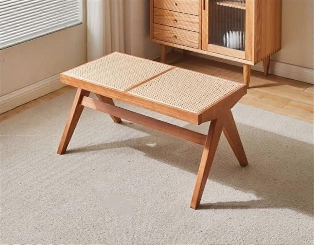 Handwoven solid wood rattan bench, handcrafted for 23 people, indoor and outdoor use. Dining bench, orange faux fur, 88.9x45.