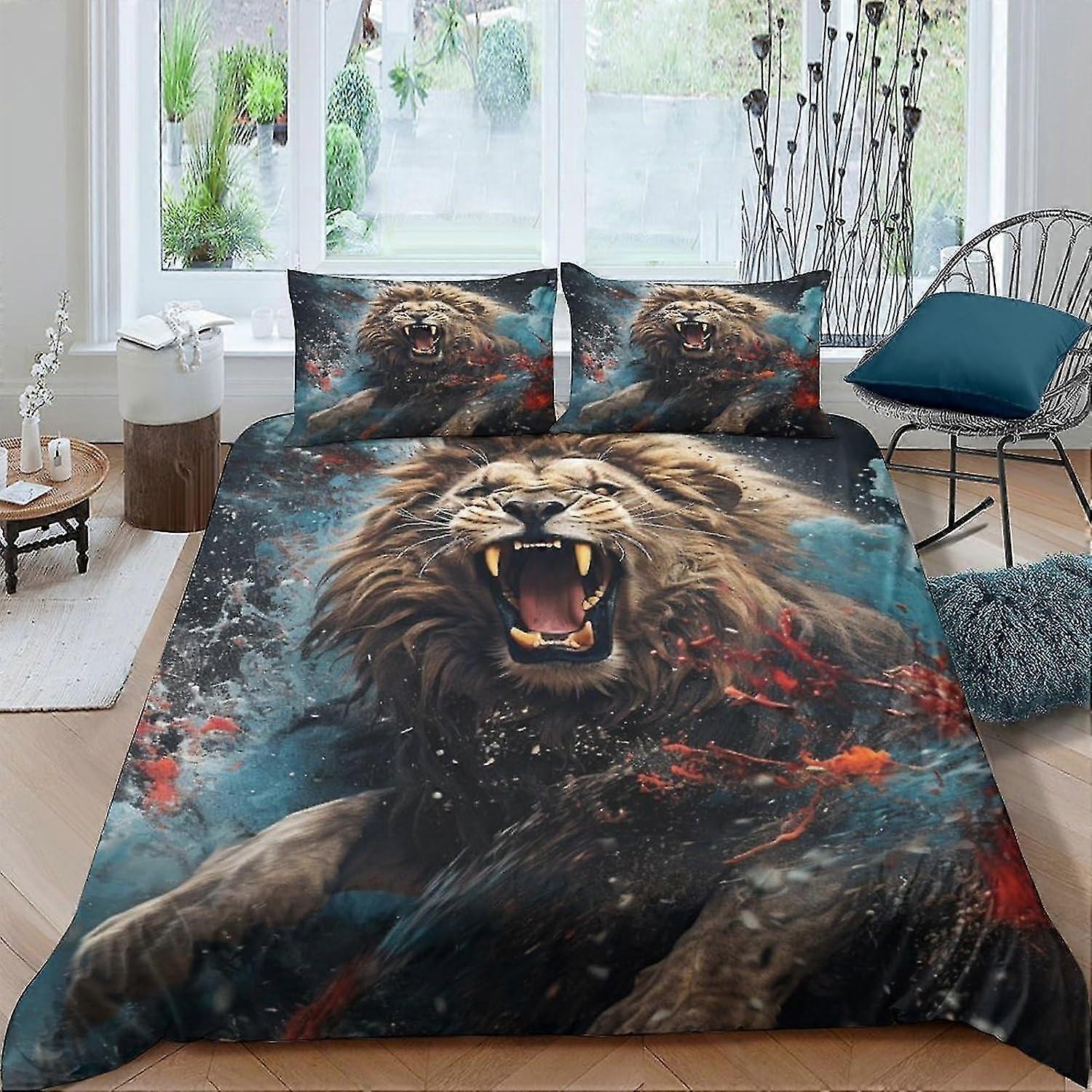 Conjunto de Cama de Leão Impresso em 3D - Conjunto de Capa de Edredom Decorativa de 3 Peças com Fronha, Microfibra Macia, Fecho de Zíper