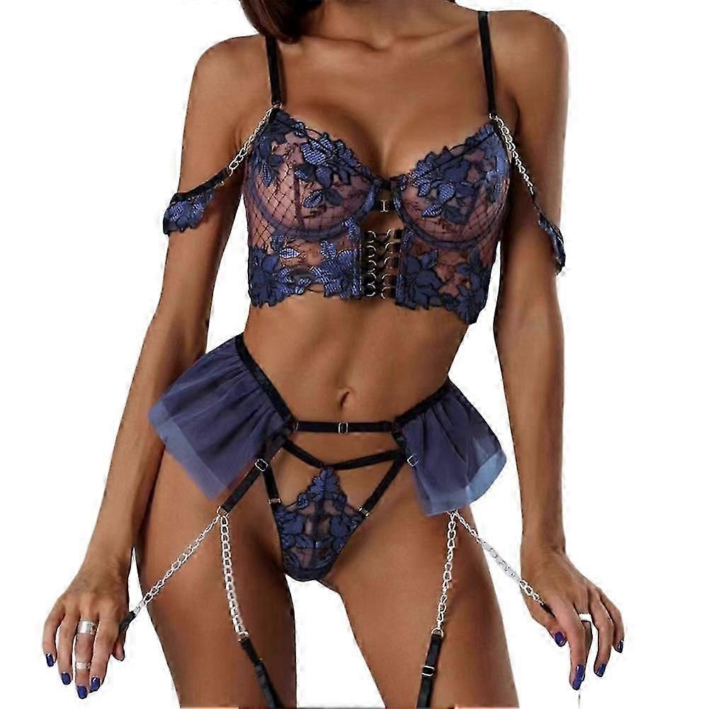 ブルー/パープルメッシュスプリットセクシーランジェリーフラワースタイリッシュ通気性スリムフィットランジェリーギフト記念日