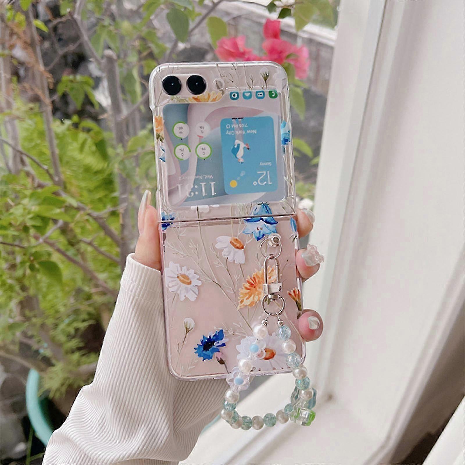 Clear Case for Samsung Galaxy Z Flip 5 with Wrist Strap, Fashion Flower Case Galaxy Z Flip 5, Hard PC Shockproof Case Galaxy Z Flip 5 5G