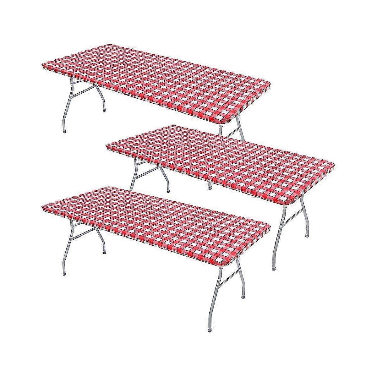 3 Pcs Fitted Tablecloth for Table,Stretch Waterproof Elastic Vinyl Picnic Table Cover with Flannel