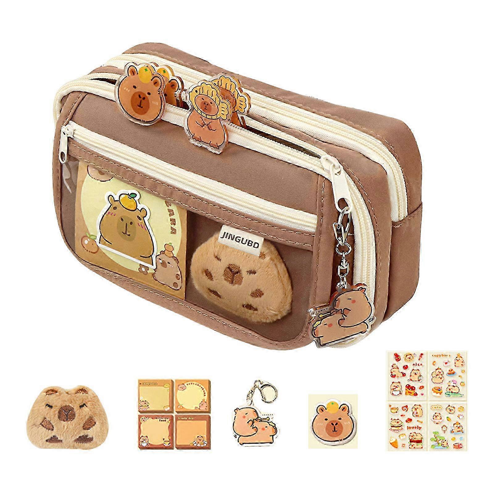Cute Capybara Pencil Case, Capybara School Supplies, Wide-mouth Pencil Bag with Cute Pin Plush Sticker Pendant and Sticky Notes HG