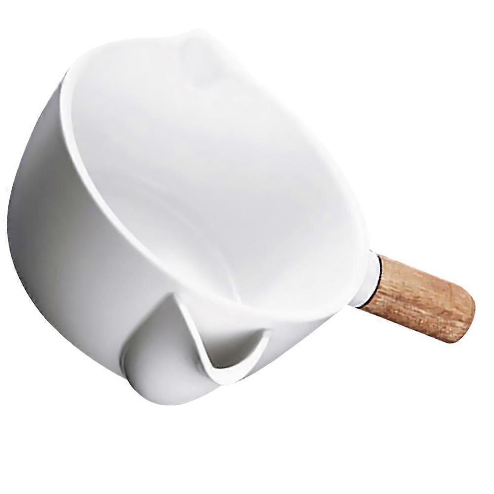 White Ceramics Oil Soup Separating Bowl for Kitchen Use Safe Practical with Wood Handle 7.5 Inch Diameter