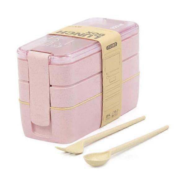 Bento Box Bento Lunch Box, 3-in-1 Compartment Stackable Bento Box, Wheat Straw Lunch Container with Cutlery, BPA-Free, Microwave Safe - Pink