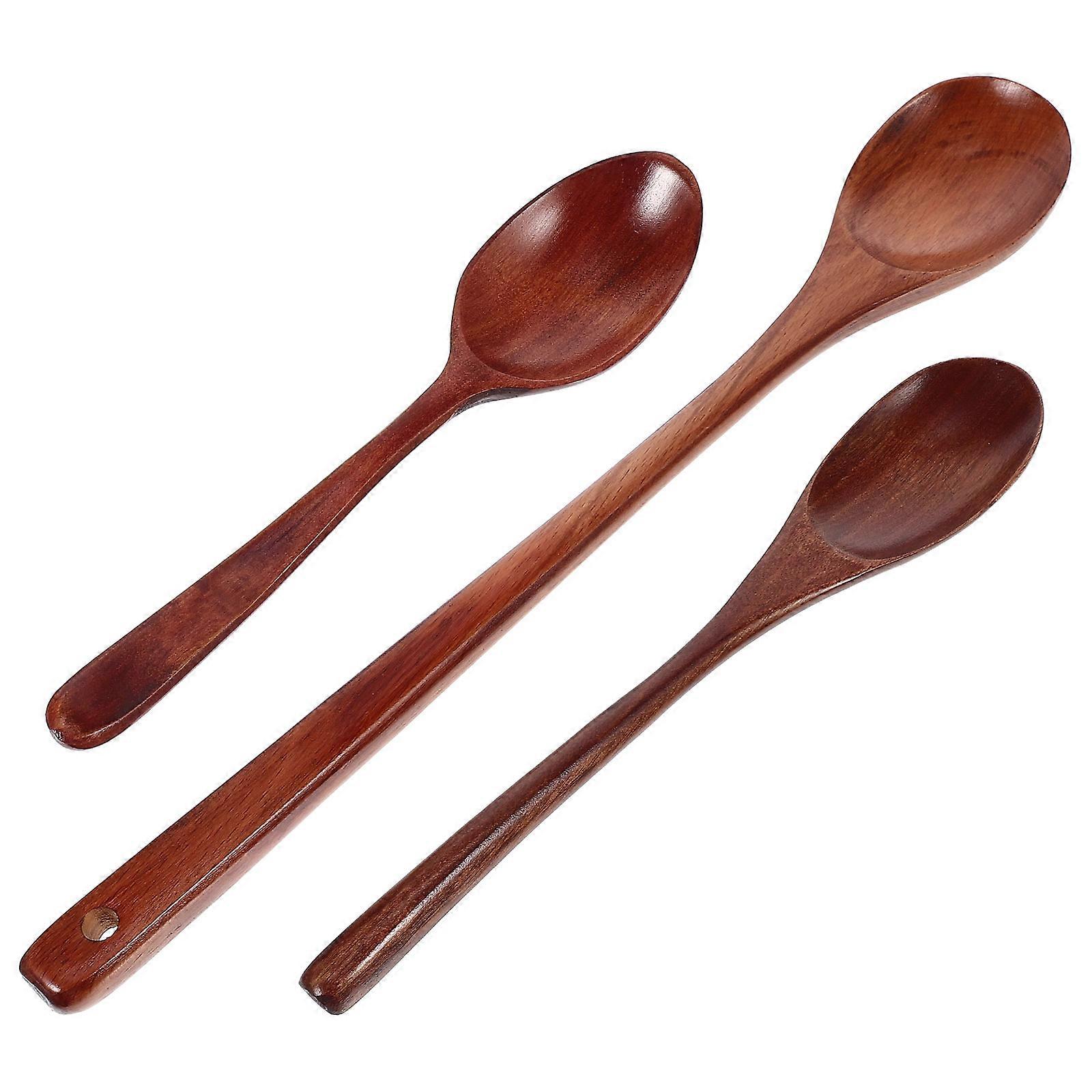 3Pcs Light Brown Wood Spoons for Home Use Elegant Design Multipurpose Kitchen Cooking Spoon