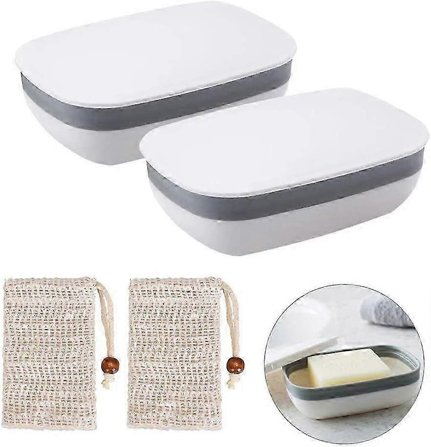 2 قطعة صندوق صابون صحن صابون بلاستيكي للسفر بالحمام للمشي لمسافات طويلة مع 2 قطعة كيس صابون السيزال (أبيض)