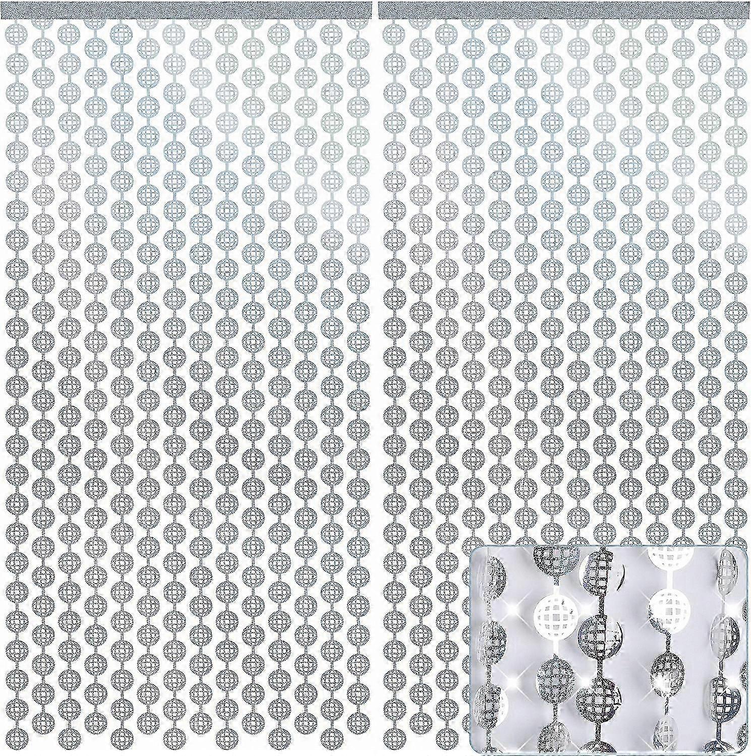 70s 80s Party Decor, 2pcs Mirror Ball Photo Props, 100x200cm Silver Foil Fringe Curtain Backdrop for Disco Theme Events