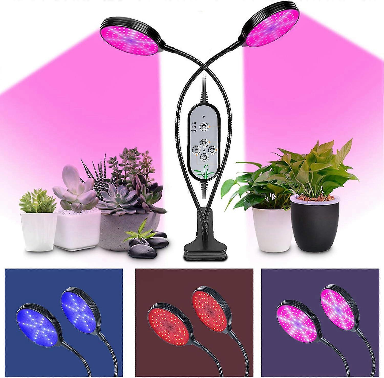 Plant growth light, full spectrum 2-head indoor plant growth light, 5 dimmable levels, timer setting 4H/8H/12H, 3 switch modes