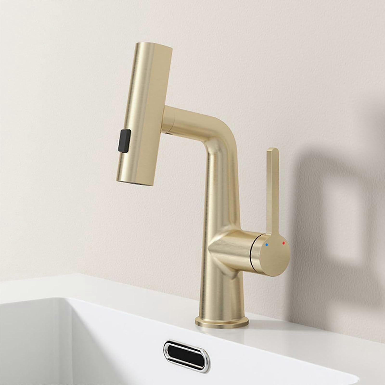 Modern Waterfall Bathroom Faucet With Pull-Down Sprayer 3 Modes 360 Degree Rotation Brass Basin Mixer Tap Brushed Gold