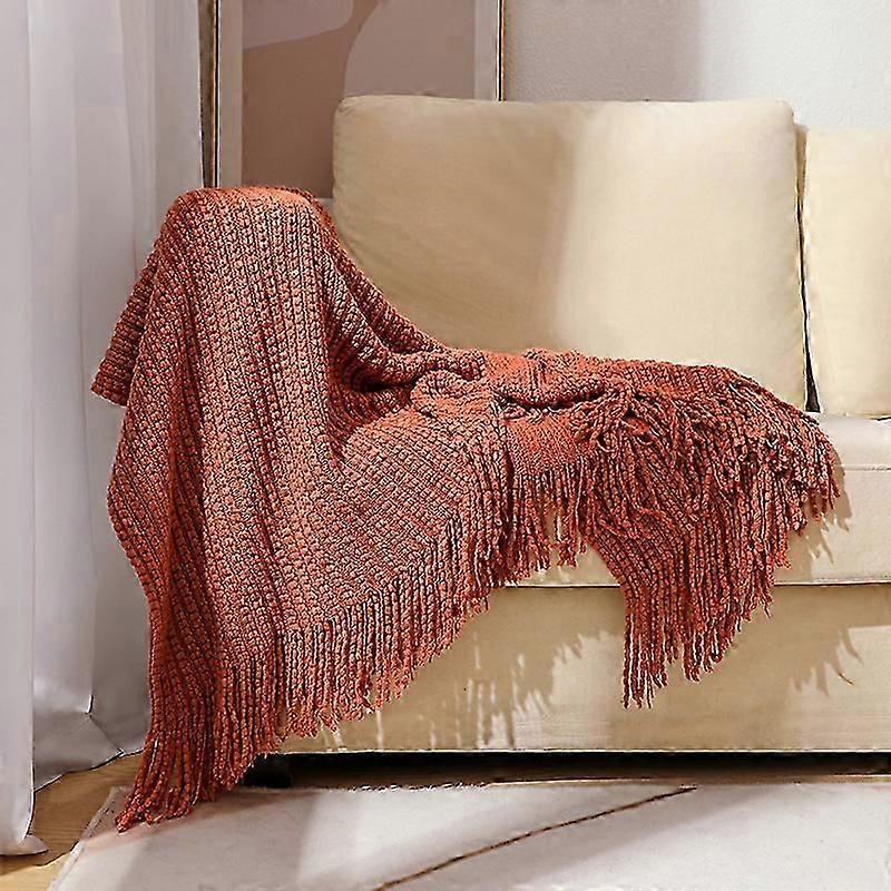 Couverture en chenille tricotée rouille de style bohème doux pour canapé ou lit, jeté de ferme confortable au design léger