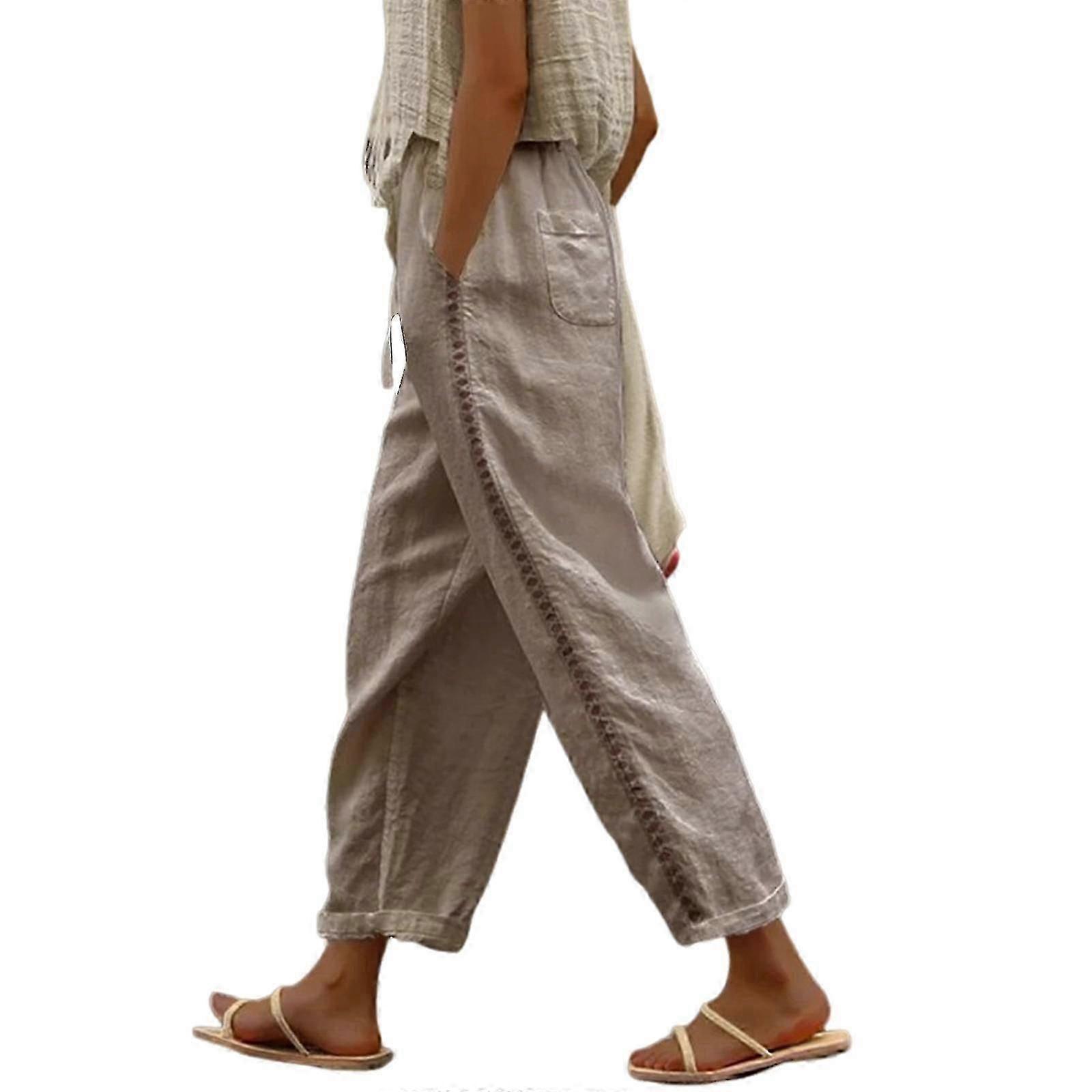 Women's Linen Pants with Wide Legs, High-Waisted Drawstring Style, and Pockets: Casual Loose Beach Trousers for Comfort and Style in Camel Size