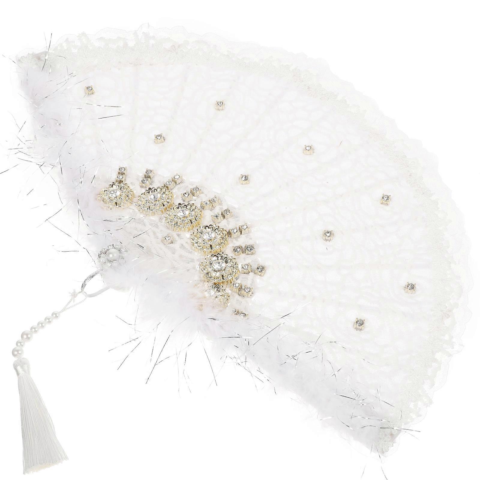 White Plume Folding Fan for Cooling Use 2Pcs Handheld Unique Chinese Dancing Fan