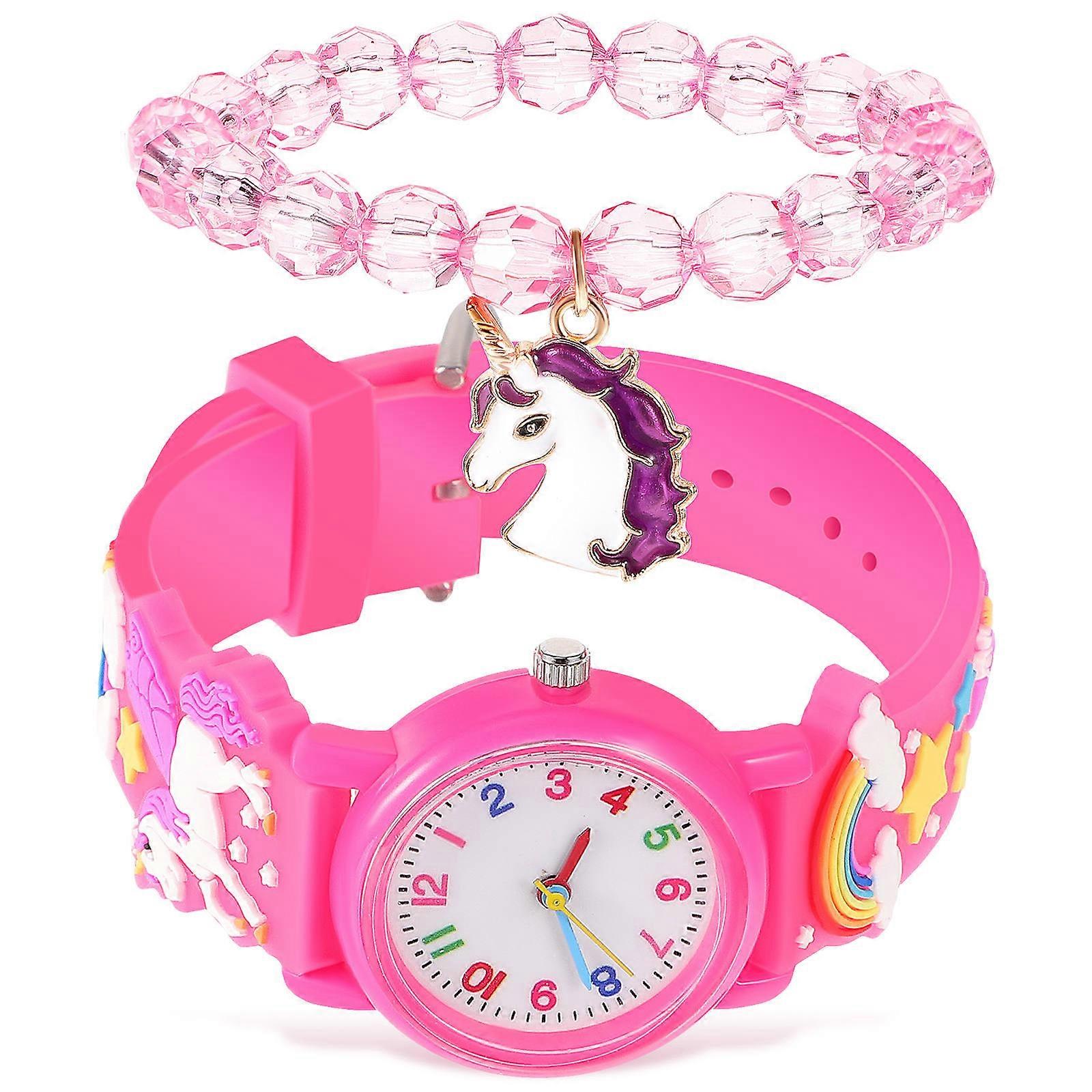 3 Sets Unicorn Themed Cartoon Watch And Beaded Bracelet For Children Suitable For Birthday And Christmas With Round Watch Face