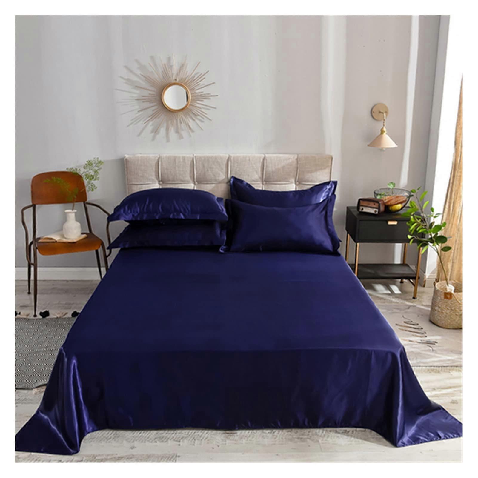 1Pc Flat Sheet Solid Color Ice Silk Satin Bedding Queen/King Size Luxury Dark Blue 170x230cm