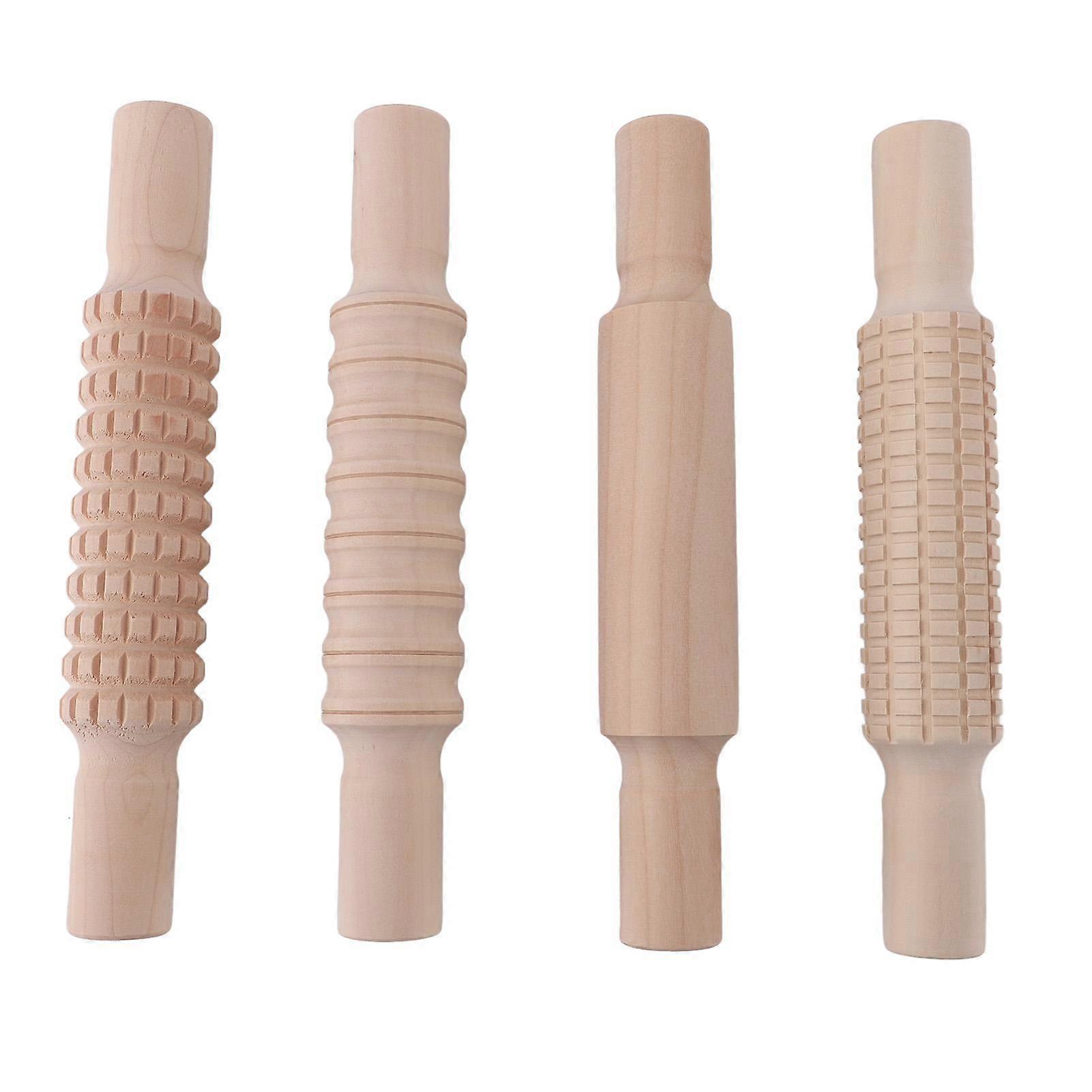 4PCS Embossed Rolling Pins with Patterns Wooden Engraved Rolling Pin Clay Craft Tool for Baking
