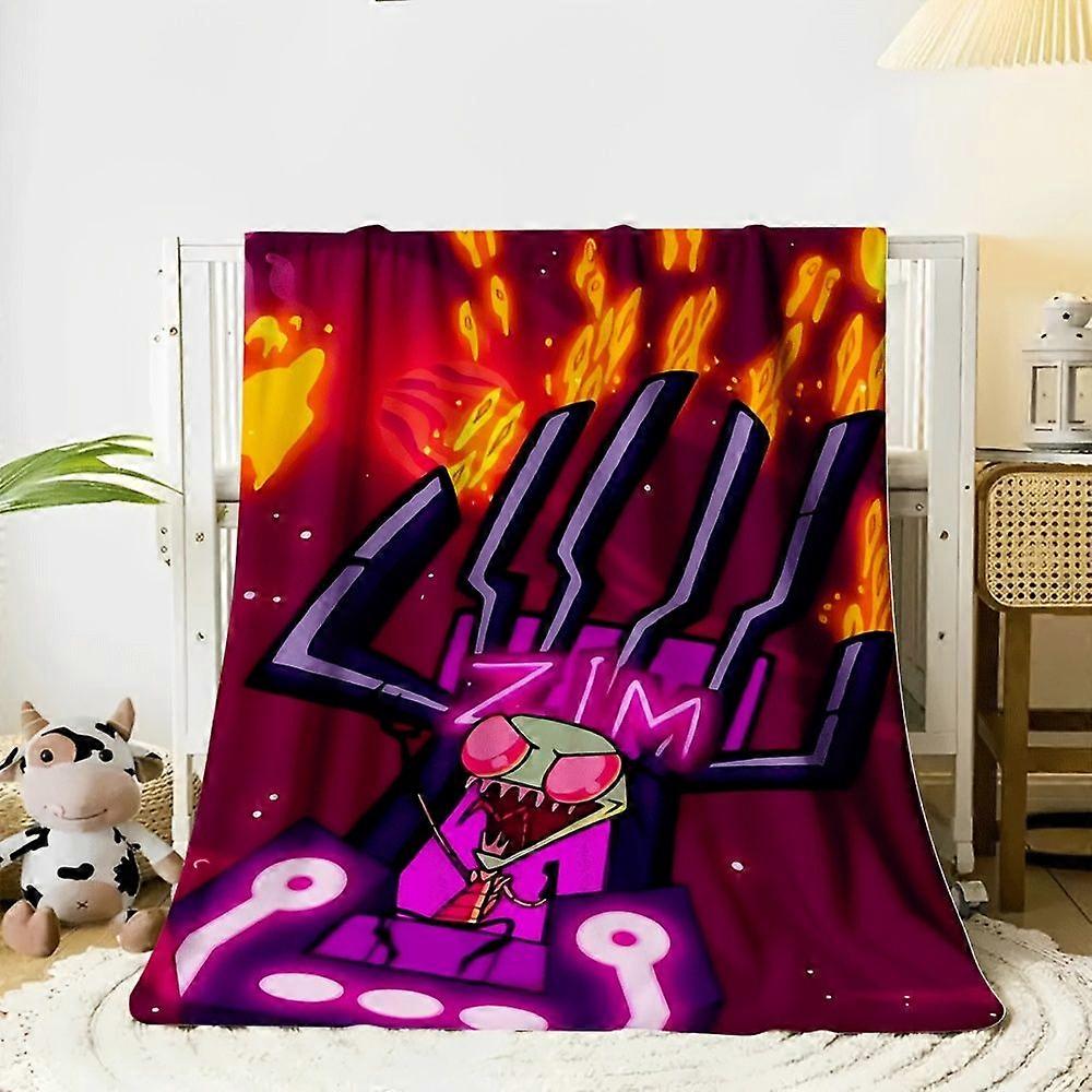 1pc Invader Zim Flannel Blanket - Soft Plush All-Season Throw with Vibrant Cartoon Design, Machine Washable for Bed, Sof-RFVCX242