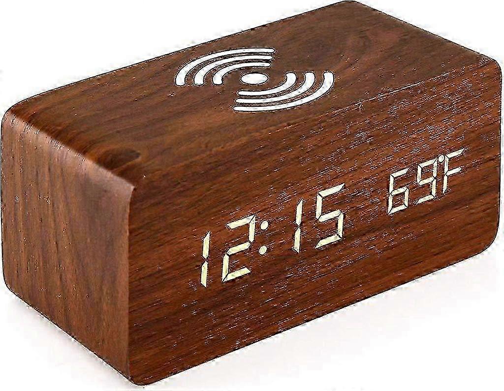 Digital Wooden Alarm Clock With Wireless Charger Voice Control Snooze Function LED Display Brown Bedside Clock