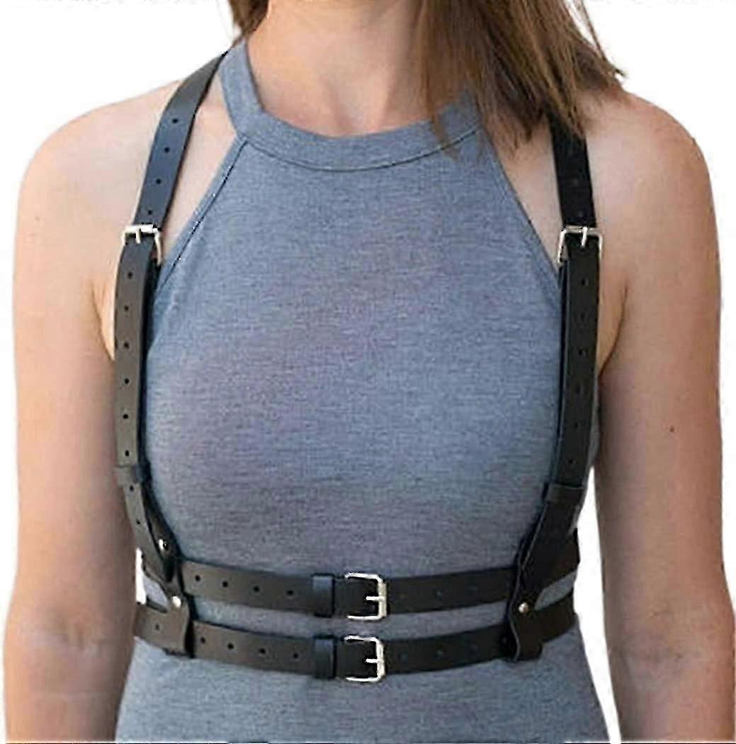 حزام خصر للنساء والفتيات على طراز البانك، حزام صدر للجسم، سلسلة للجسم، حمالة صدر سوداء مقفصة، حزام خصر من الجلد الصناعي لمهرجانات الرقص