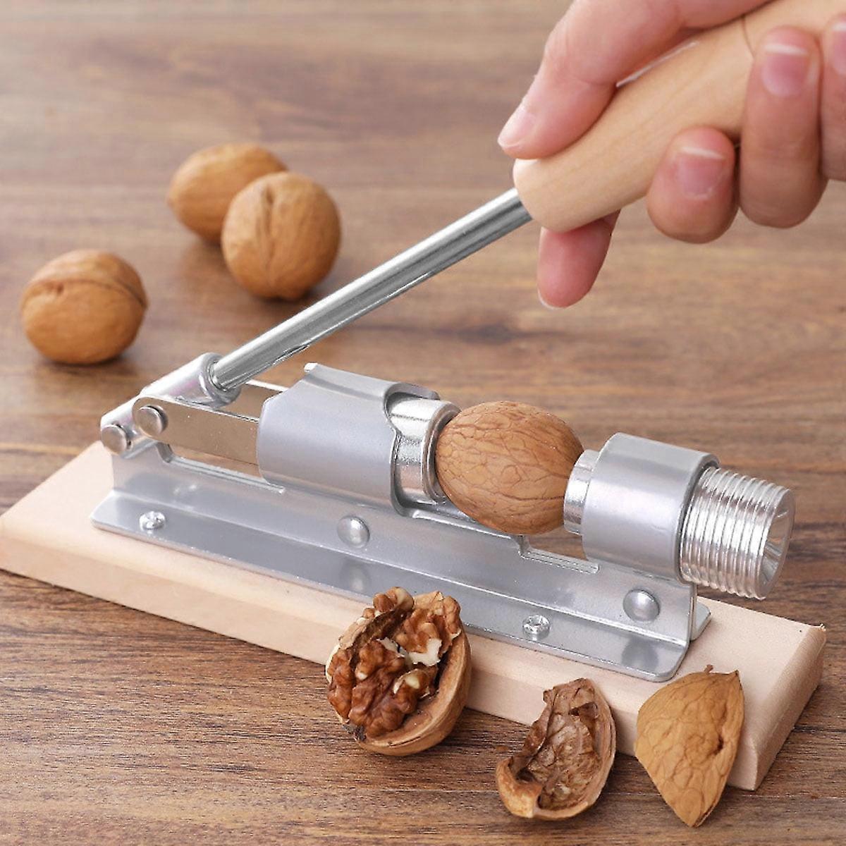 JTWEEN Mechanical Pecan Nut Cracker Tool, Adjustable Size Walnut Cracker for Most Nuts, Non-slip Handle, Stainless Steel & Wood Base