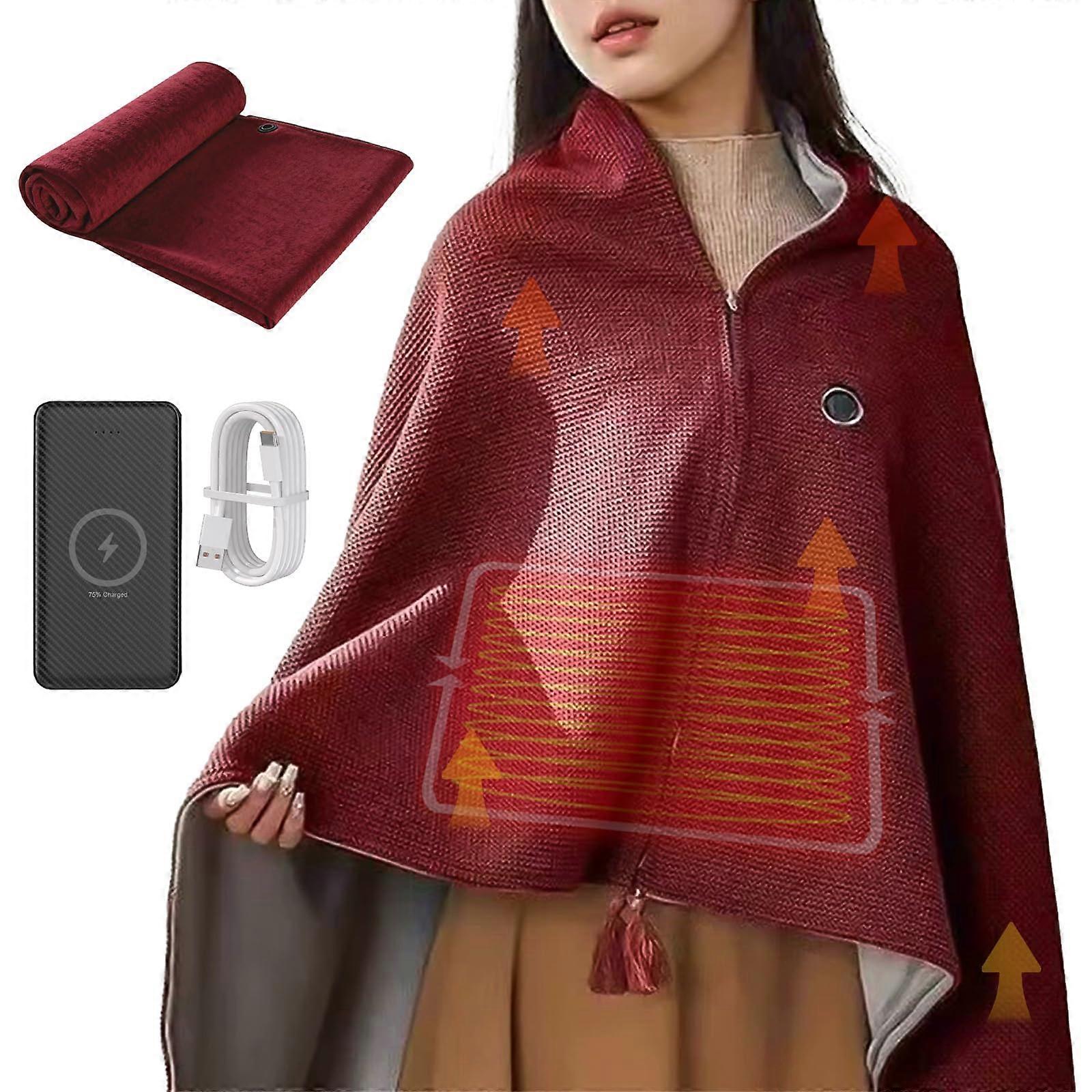 Heated Blanket Shawl for Women, Cordless 2 in 1 Wrap with Power Bank, 3 Heat Levels, Wine Red