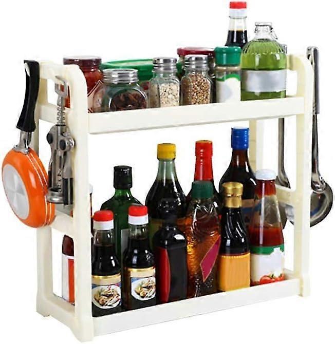 2 Tier Kitchen Spice Rack with Hooks, Countertop Cabinet Organizer Shelf for Maximized Storage