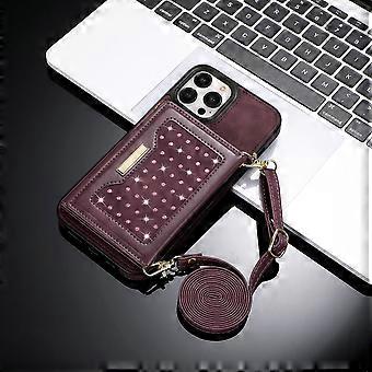 Case For Iphone 13 Mini Burgundy Tri-fold Lanyard Bag Anti-theft Brush Wallet Leather No7375