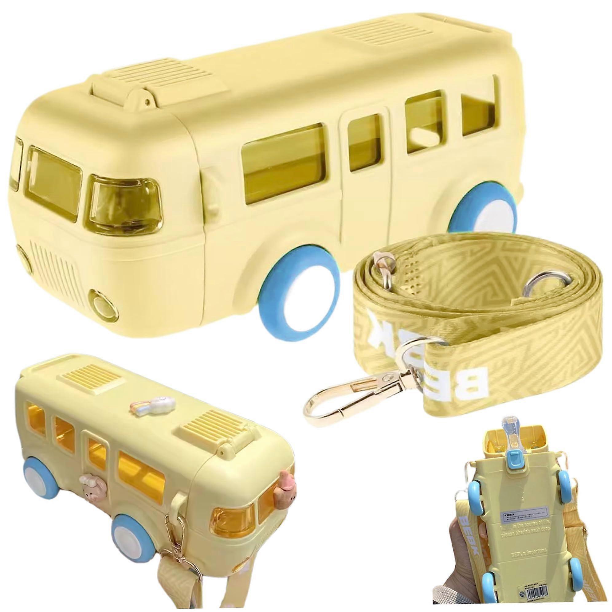 500ml Bus Shaped Kids Water Bottle with Straw and Adjustable Strap for School
