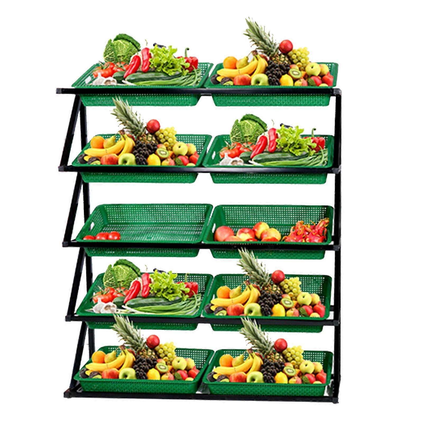 Large Capacity Fruit and Vegetable Display Shelf with 10 Baskets, Tiered Storage Rack for Supermarkets