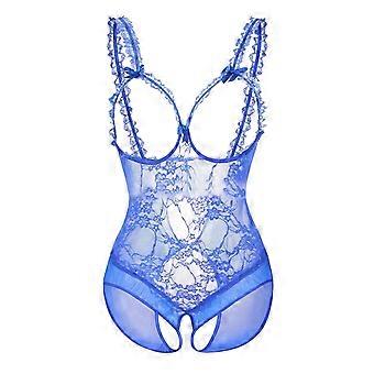 Damen-Body, verspielte Unterwäsche, Spitzen-Schritt, durchsichtiger Body, Schlafanzug, Korsett, Blau, Größe L