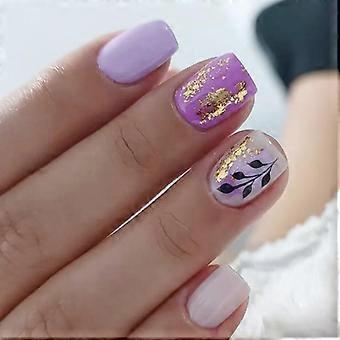Glitters Press On Nail 24 kpl violetti kultafolio lyhyt tekokynsi ilman liimaa ABS-kynsien kärkiä