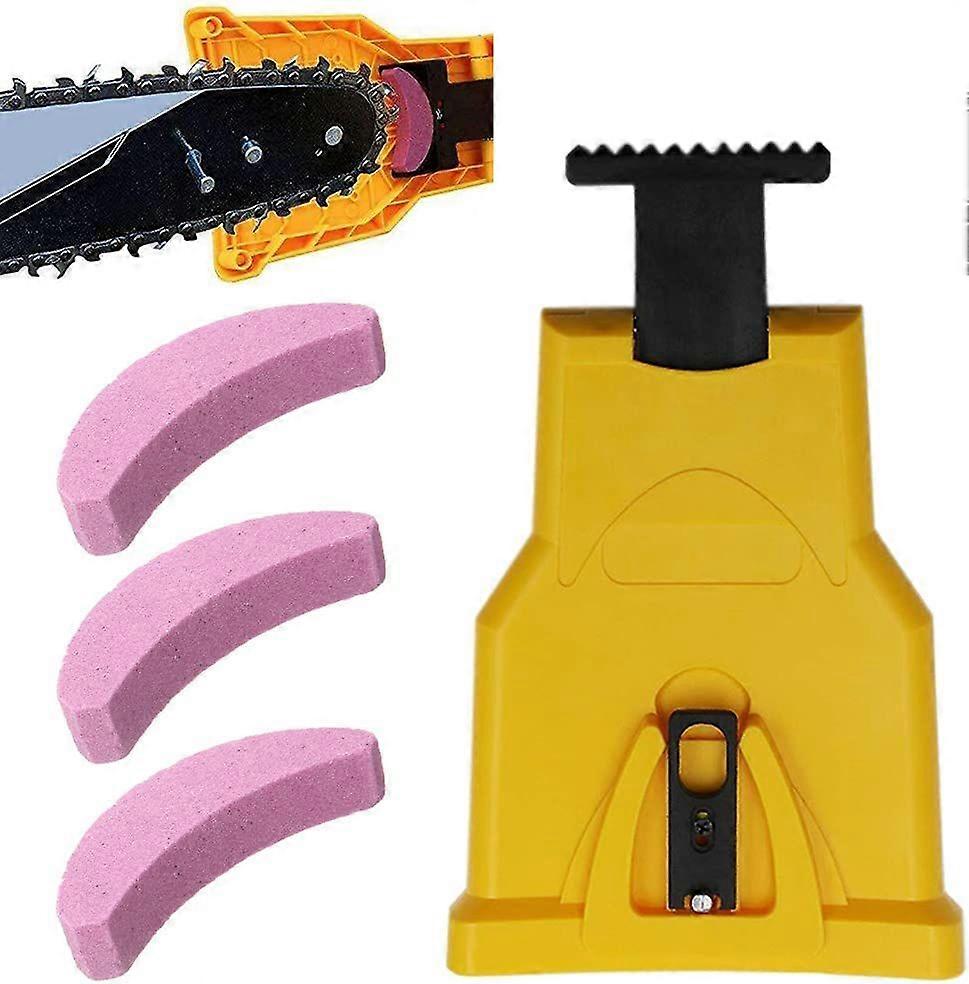 Chainsaw Teeth Sharpener, Automatic Sharpener(1 Pcs Yellow), Replaceable Whetstone(3 Pcs)